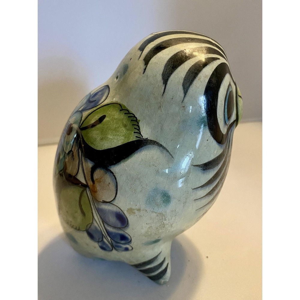 Tonala Owl Figure Mexican Folk Art Pottery Hand Painted Signed 5" - Picture 8 of 9